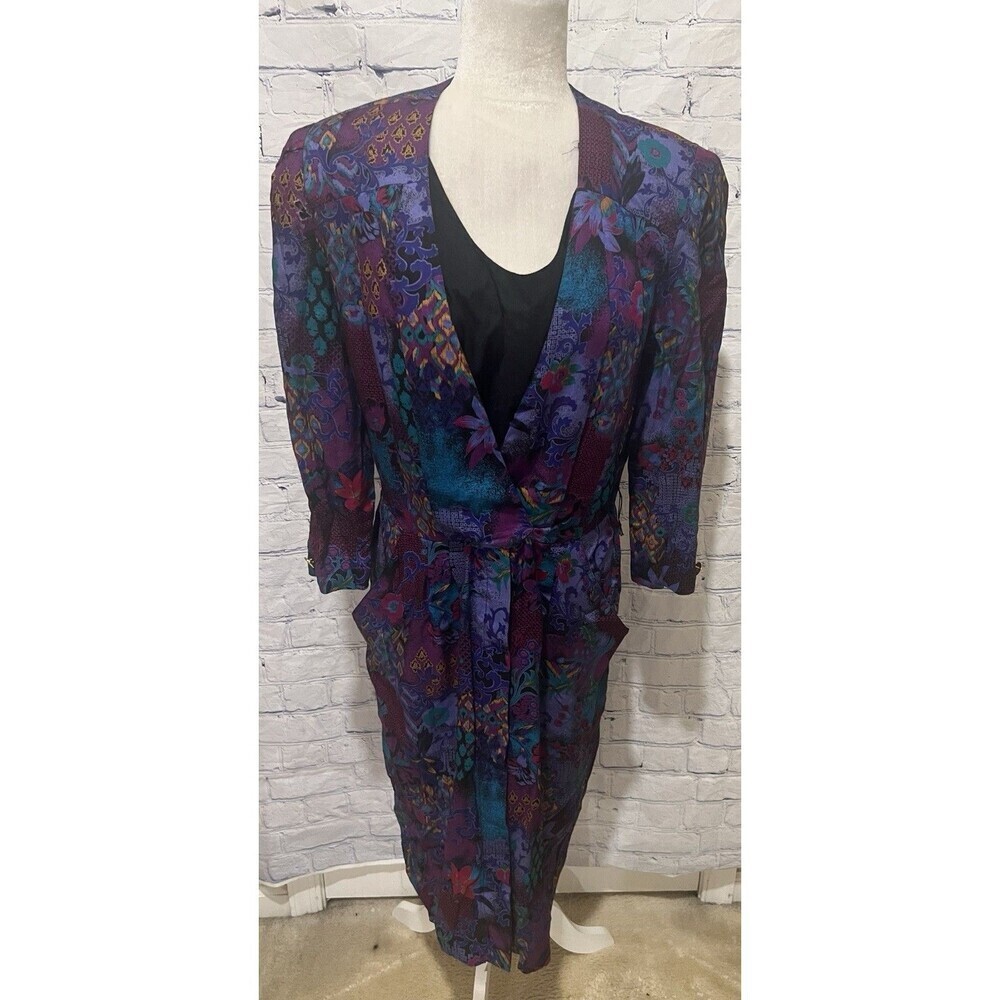 Vintage Damon II Long Sleeve Floral Dress 1980’s Purple Red Teal Size 15